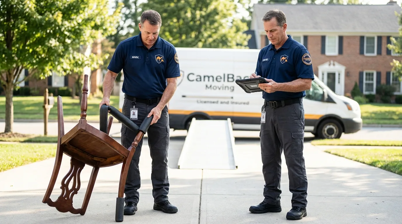 Movers inspecting furniture for damage prevention before loading in South Fallsburg, NY