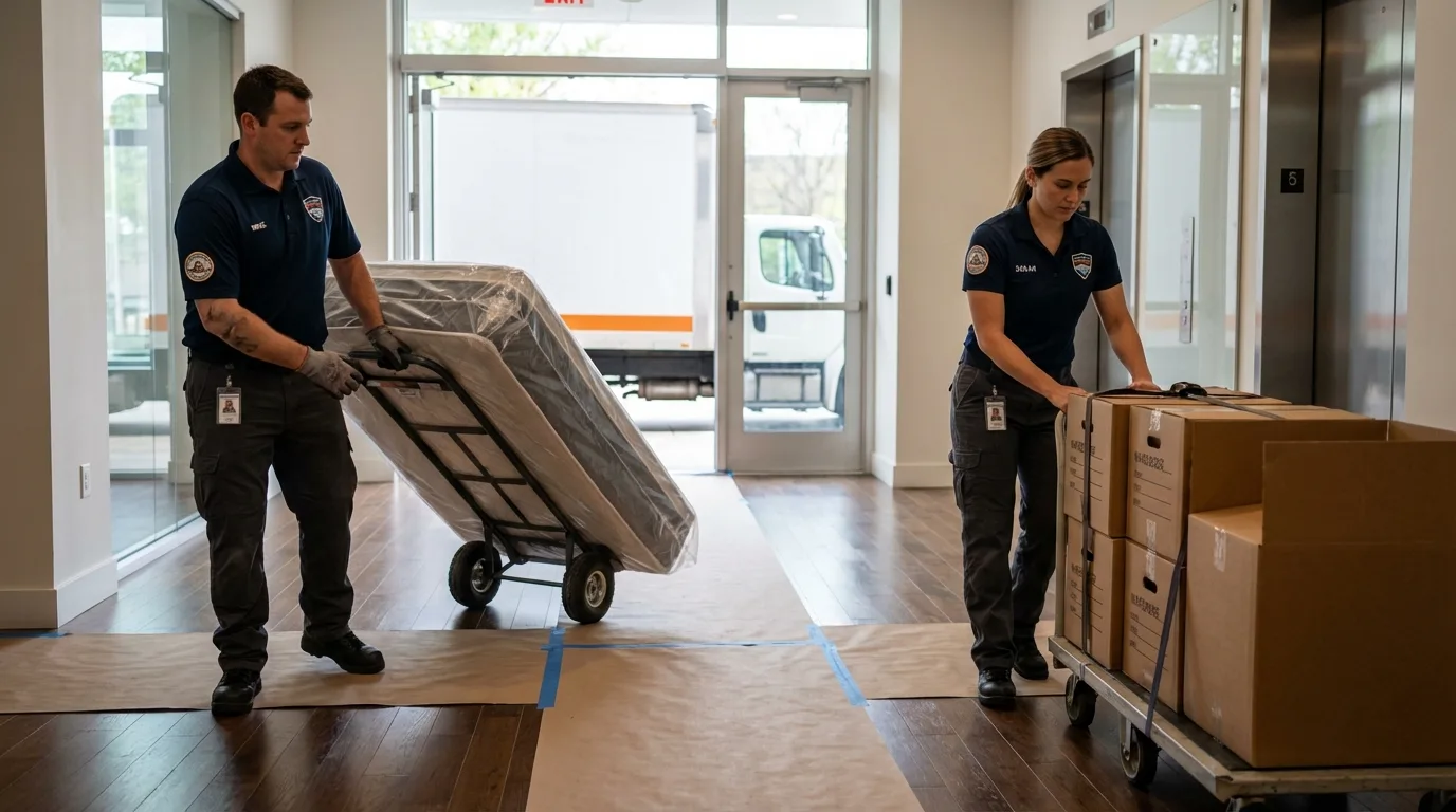 Professional apartment movers loading elevator in South Fallsburg, NY