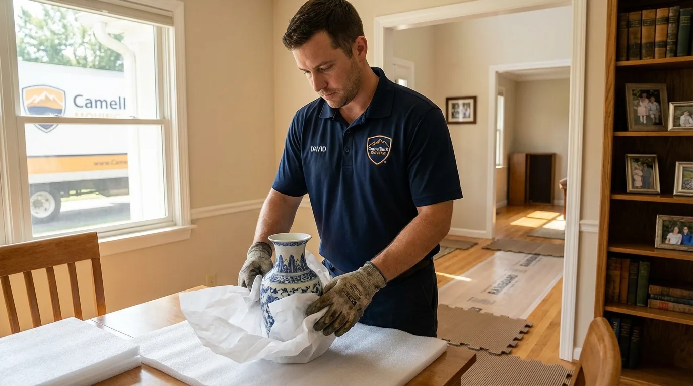 Professional crew carefully wrapping antique vase for senior downsizing move in South Fallsburg, NY